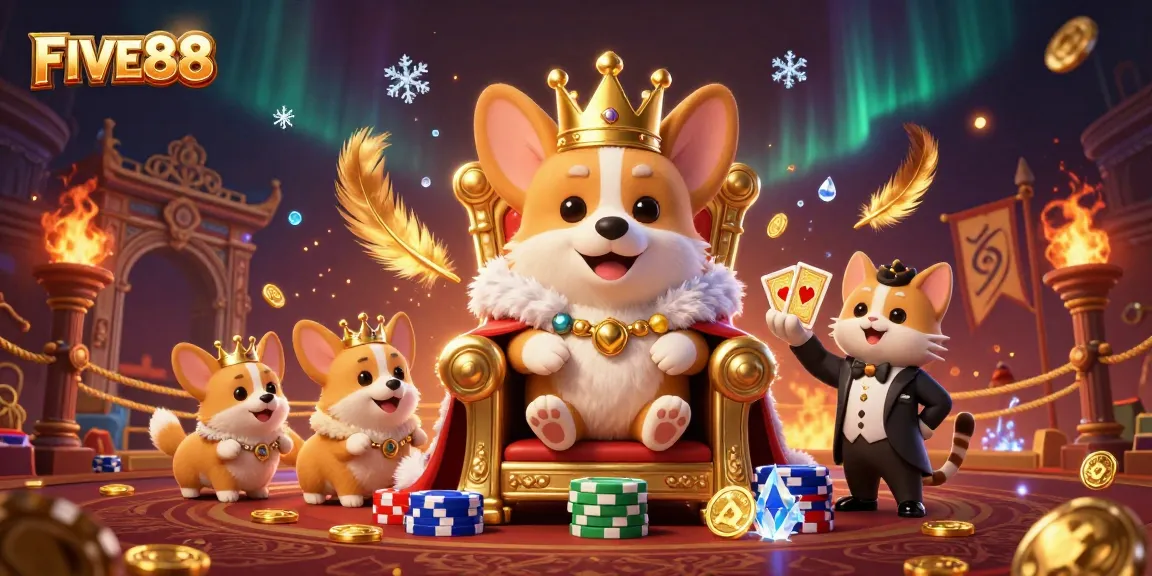 Experience the excitement at FIVE88 with a royal corgi seated on a poker chip throne!