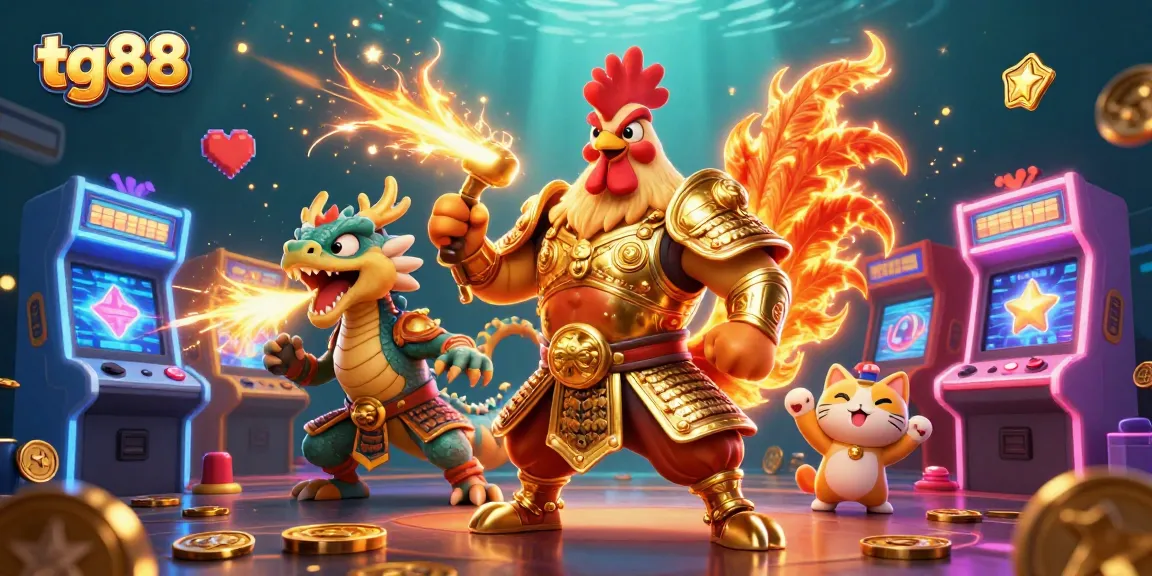 Join the excitement at tg88 with a dynamic scene of gaming characters amid vibrant slots and casino elements.