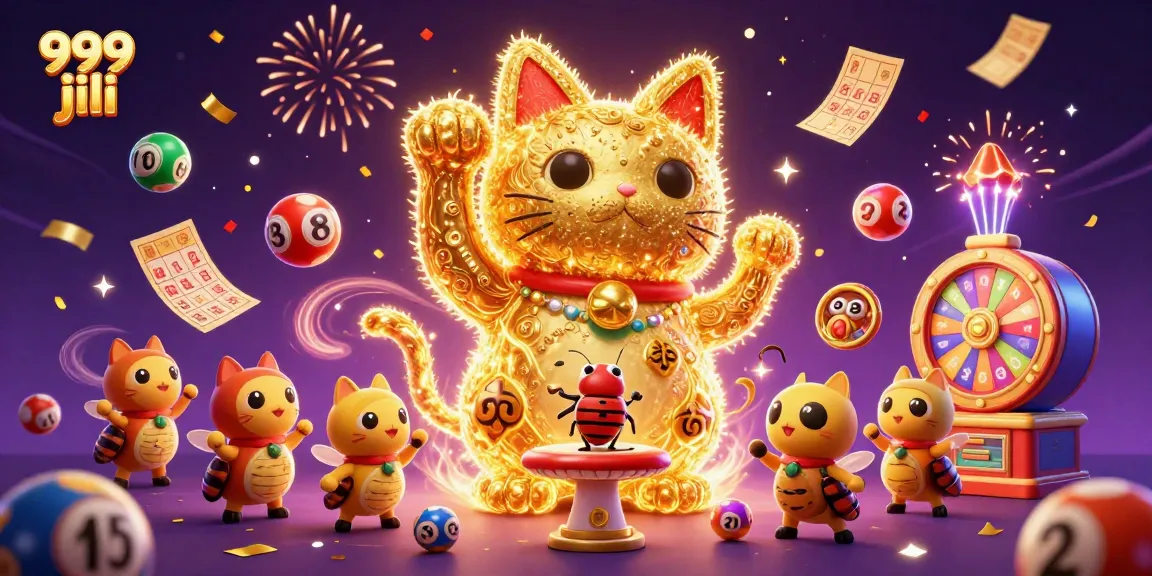 Activate fun with 999 jili as golden fireflies form a lucky cat amidst vibrant casino elements.