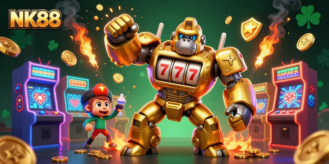 Feel the thrill at NK88, where the golden gorilla mech celebrates with soaring coins and vibrant arcade action!