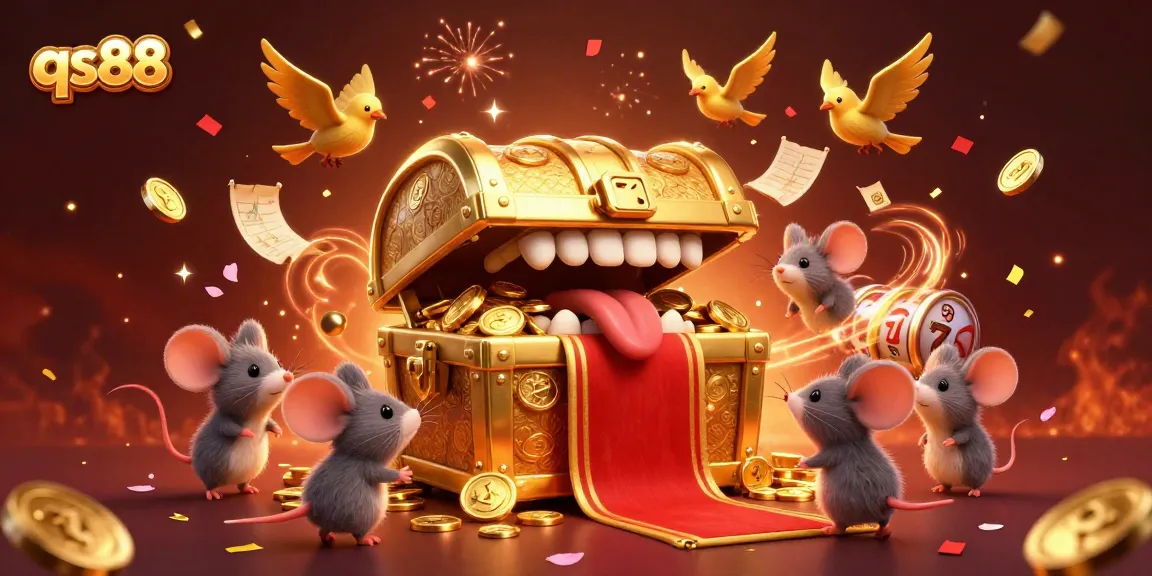qs88 entices players with a magical 3D treasure chest, celebrating casino gaming.