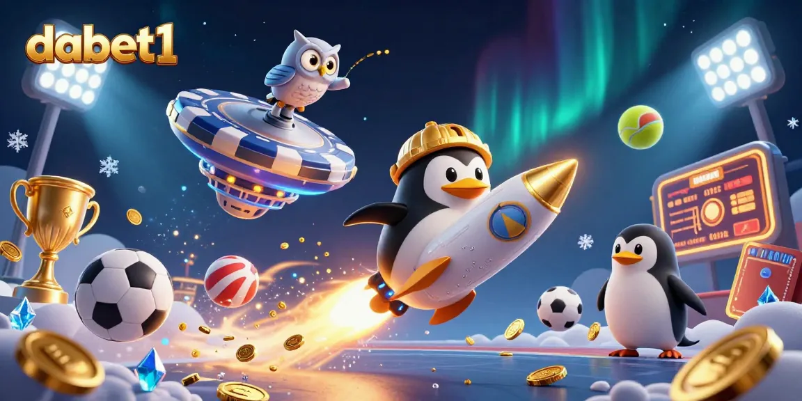 dabet1 showcases a futuristic penguin spaceship amidst casino-themed sports elements, capturing excitement.