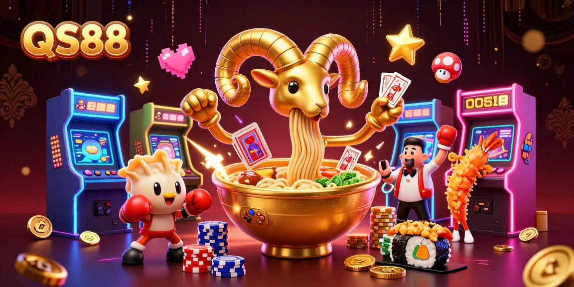 Experience excitement at QS88 with lively characters amidst vibrant casino games and glamorous decorations.