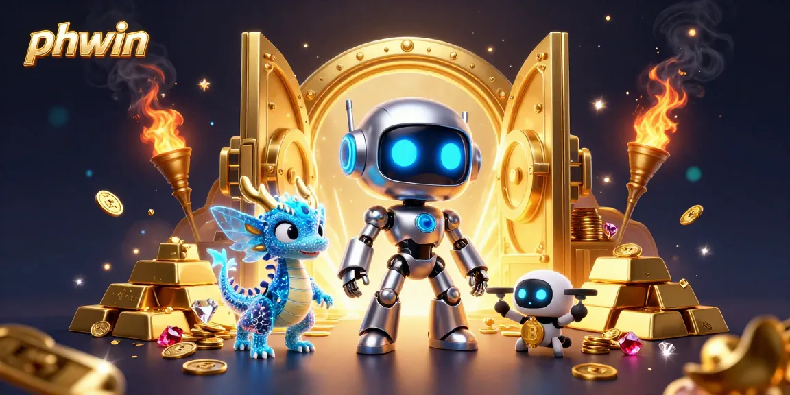 Engage with phwin's digital gaming experience featuring a cyberpunk robot, AI dragon, and bitcoin drone in a treasure-filled scene.