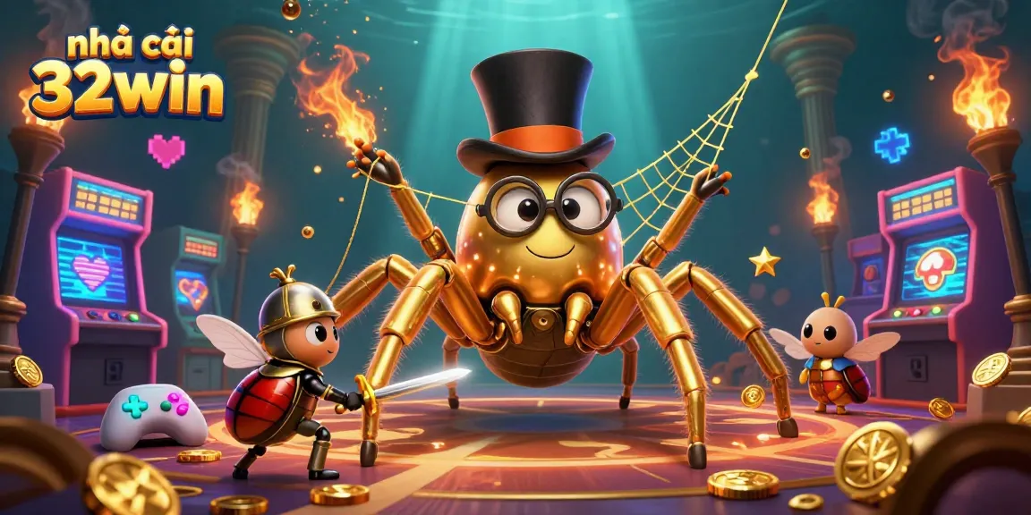 Engage with the vibrant world of nhà cái 32win, featuring a cartoon tarantula weaving games and winning opportunities.
