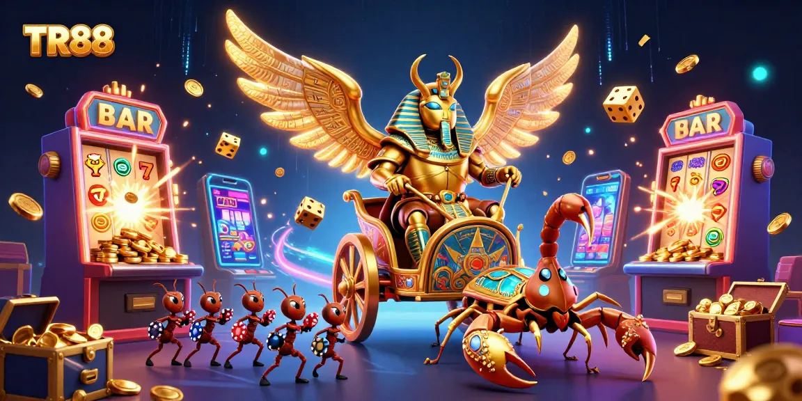 Join TR88 for thrilling online slots action, featuring captivating 3D illustration of a scarab and dynamic games.