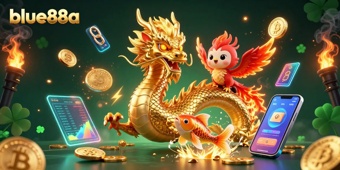 Engage with blue88a's vibrant scene featuring a golden dragon, phoenix, and koi fish amidst crypto elements.