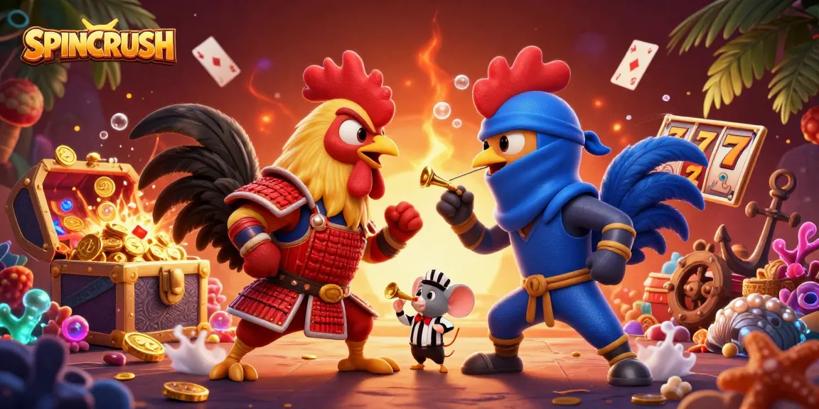 Engage in the excitement of SPINCRUSH, where roosters face off amid slot reels and treasures.