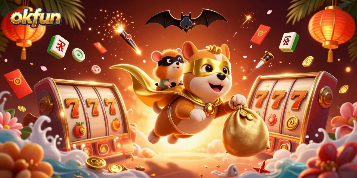 Experience thrilling action with okfun's slot reels as the superhero dog soars through a vibrant casino world.