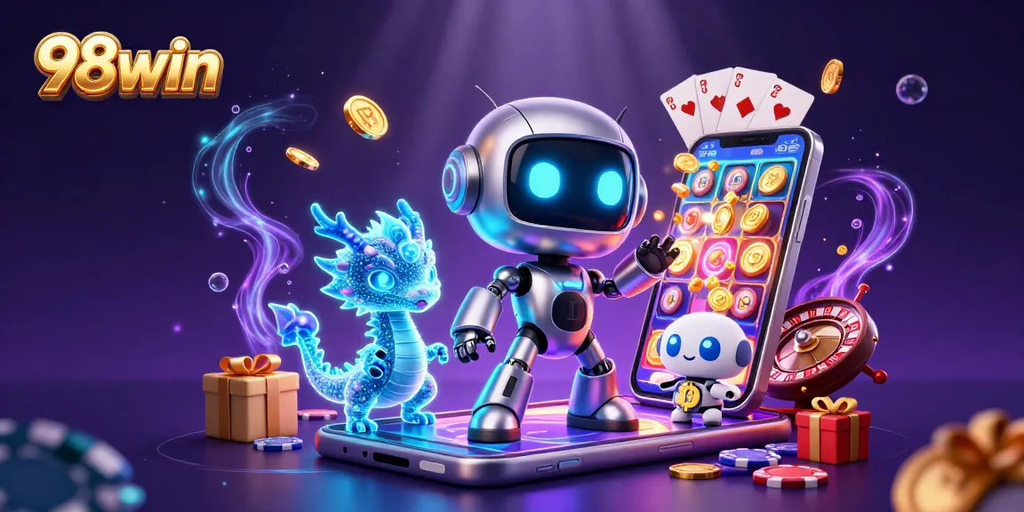 Engage with 98win's thrilling gaming scene featuring a cyberpunk robot, AI dragon, and drone with Bitcoin.