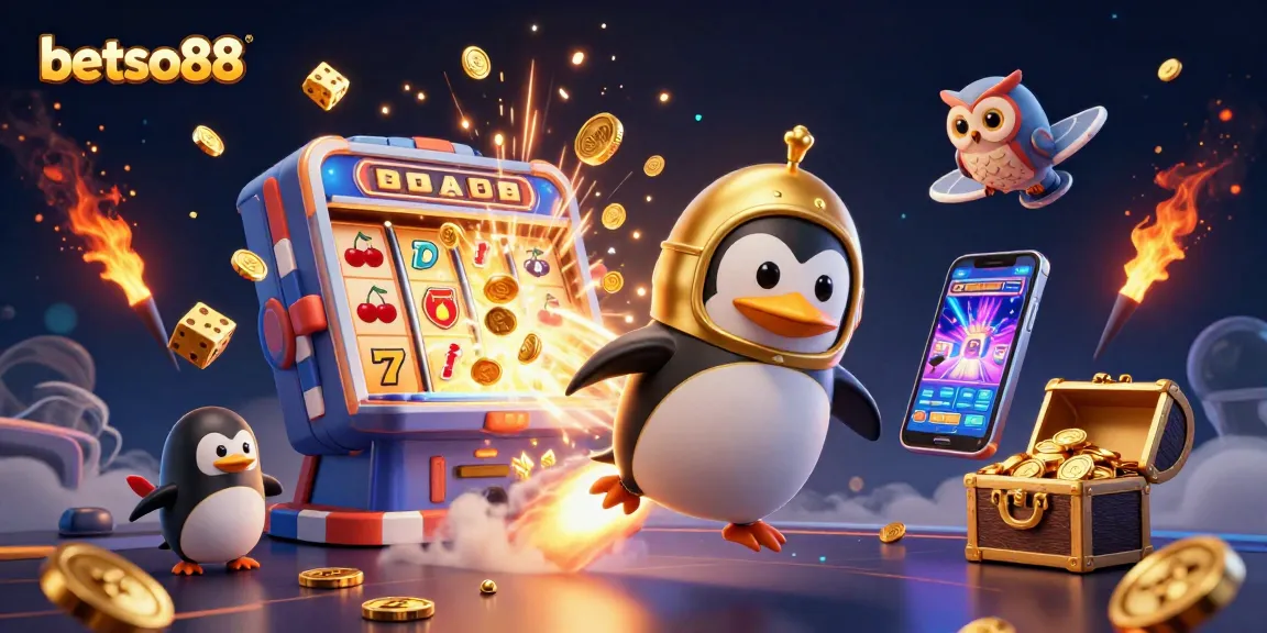 Experience an exciting betso88 adventure featuring a golden penguin in a cosmic casino scene.