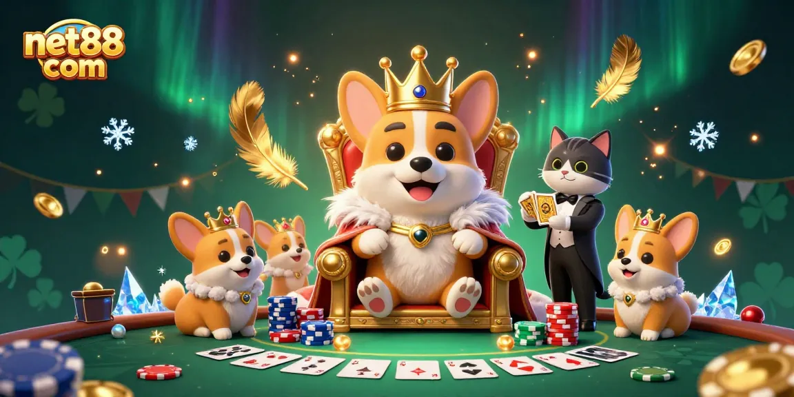 Engage with net88 com in this vibrant 3D illustration showcasing a royal corgi on a poker chip throne.