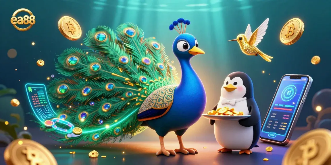 Experience the vibrant ea88 casino world with a dazzling aristocratic peacock and golden chips.