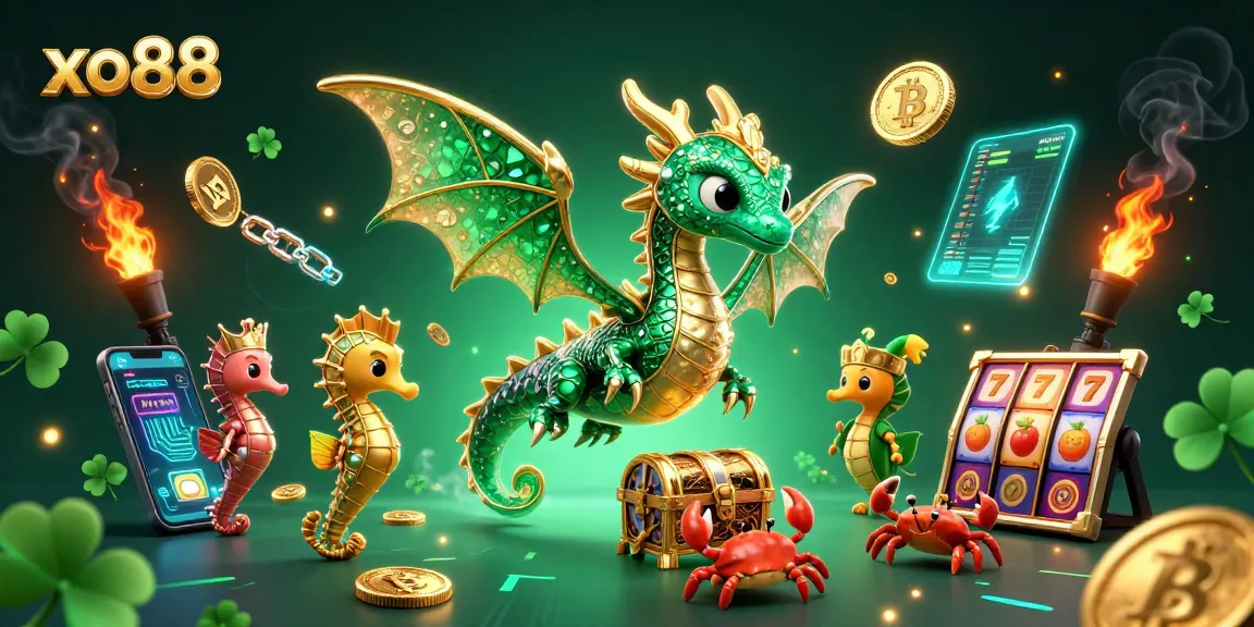 Engage with crypto gaming at xo88 with a colorful 3D sea dragon surrounded by vibrant slot elements.