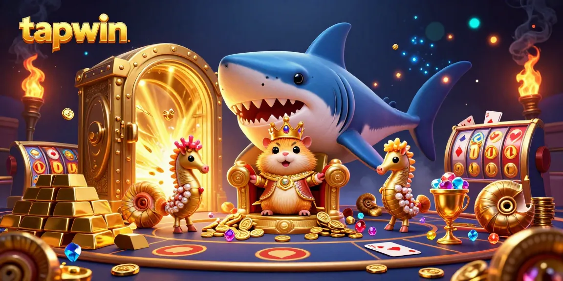 Engage with TAPWIN's gaming excitement featuring the golden hamster king and treasure, capturing the thrill of winning.