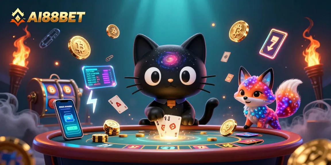 Engage with AI88BET at a cosmic casino with a black hole cat and glowing cryptocurrency elements.