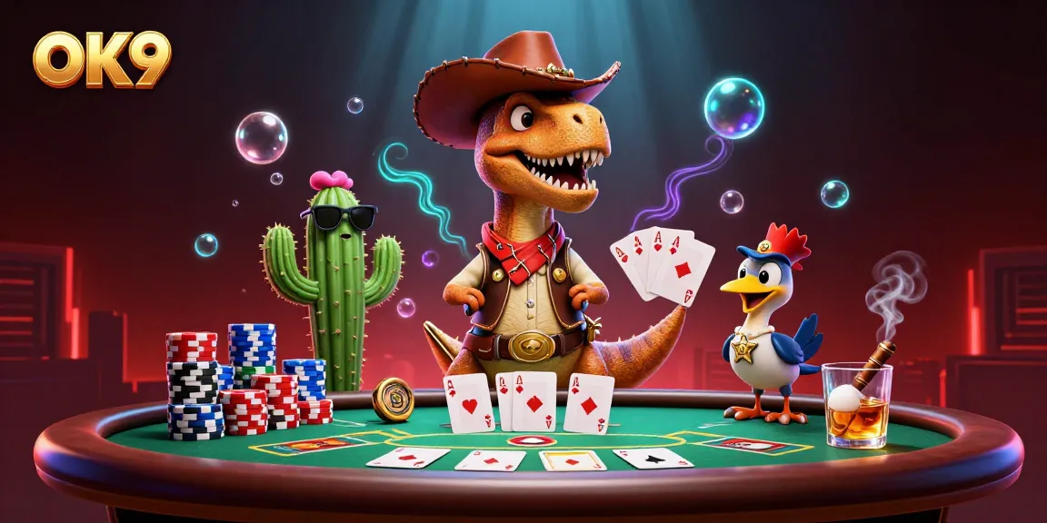 Bet big with OK9 while enjoying a vibrant 3D casino scene filled with poker and gaming elements.