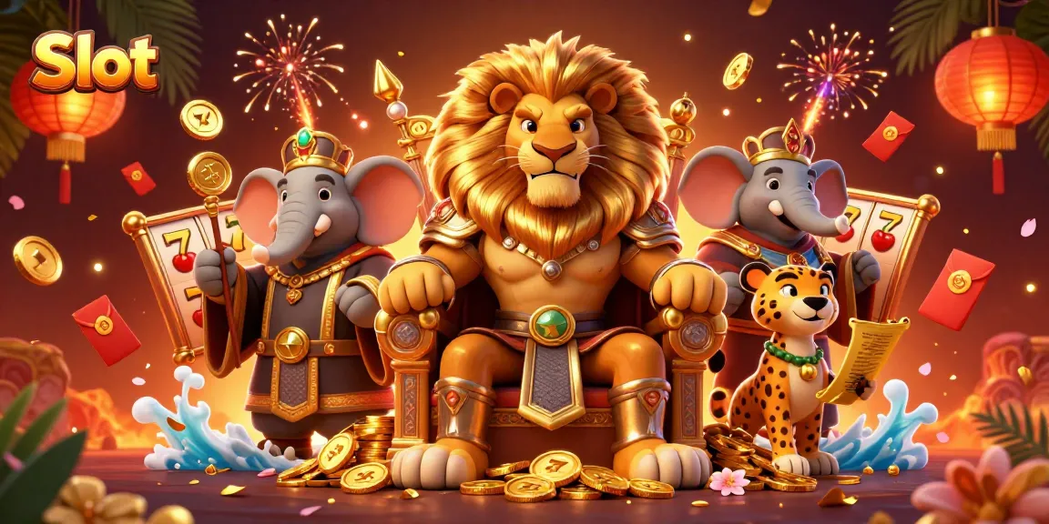 Putaran Slot seru dengan Singa Raja yang megah dan simbol keberuntungan di sekelilingnya
