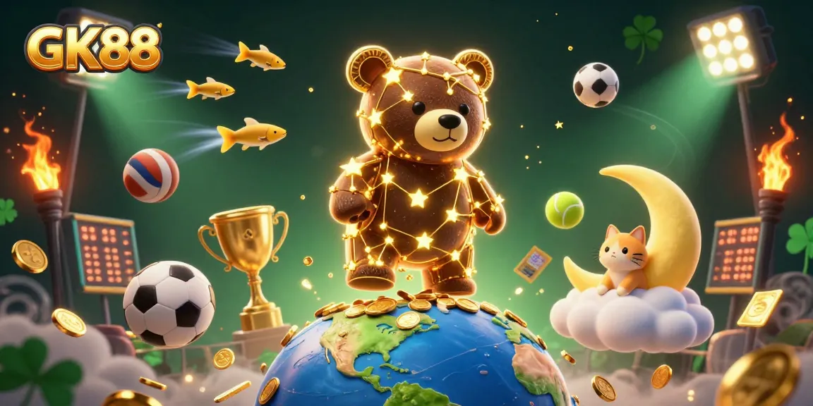 Experience thrilling wins with GK88 in this vibrant 3D casino illustration featuring dynamic sports betting elements.