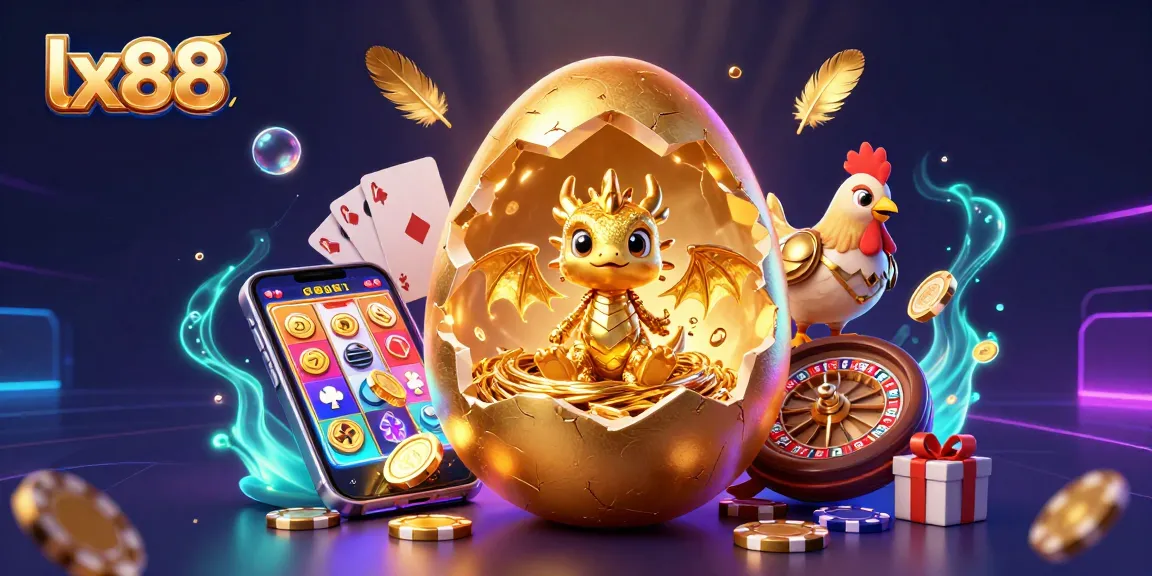 Experience the thrill of lx88 with a golden dragon guarding poker chips amidst dazzling casino elements.