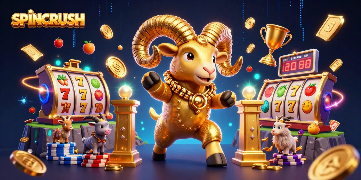 SpinCRUSH showcases thrilling slot gameplay with vibrant slot reels, coins, and a golden ram for excitement.
