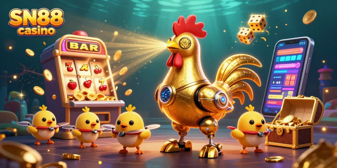 Engage in thrilling gameplay at SN88 casino with a vibrant scene featuring a golden rooster robot and casino symbols.