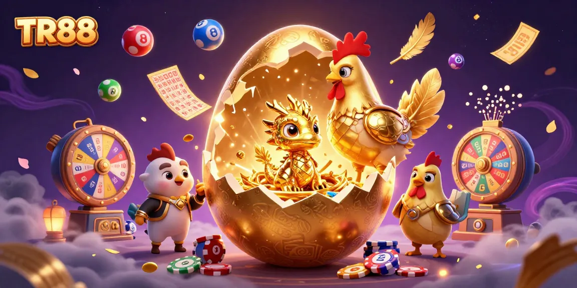 Win exciting prizes at TR88 with a golden dragon guarding gaming treasures amidst vibrant lottery elements.