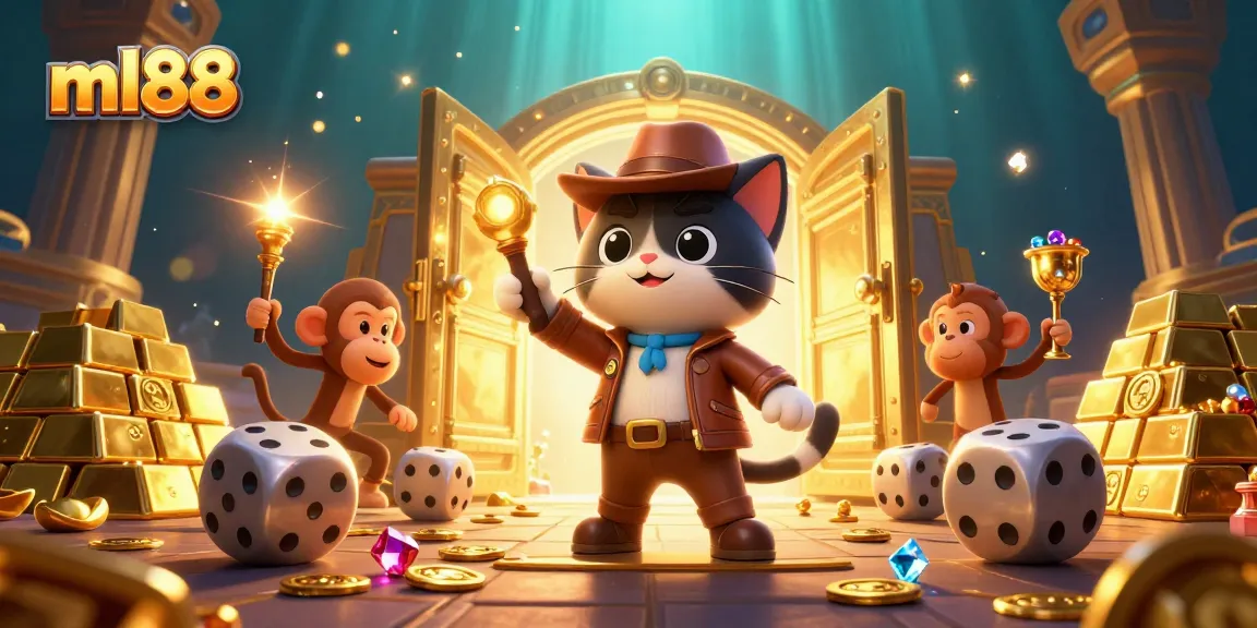 Experience casino excitement with ml88 in a dynamic treasure scene featuring gold artifacts and playful characters.