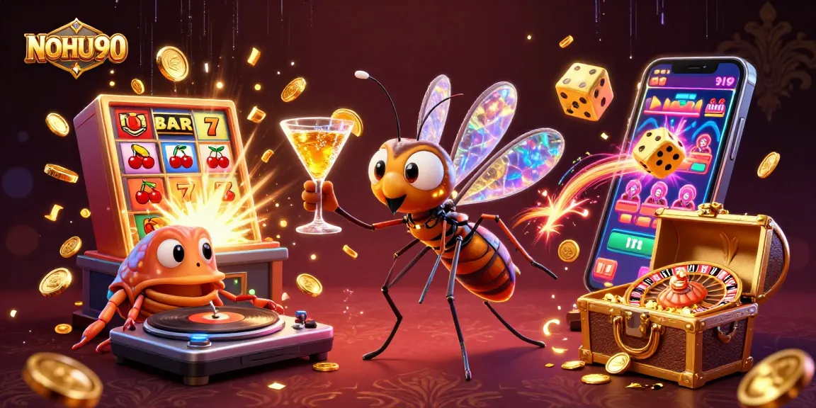 Experience the excitement of NOHU90 with a vibrant visual of a casino mascot and dynamic gaming elements.