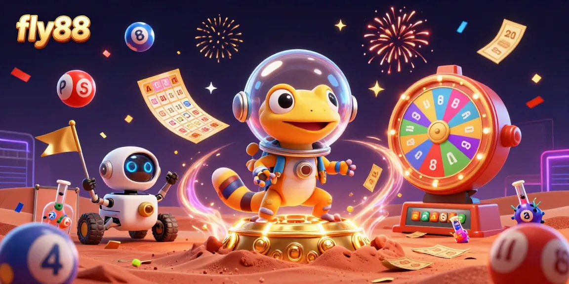 Join the excitement at fly88 with a cartoon Martian gecko discovering a golden casino on Mars!
