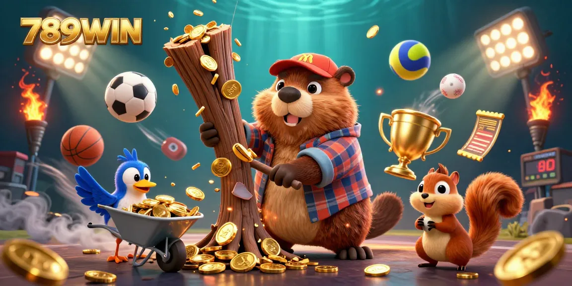 Experience the excitement of 789WIN as our cartoon beaver collects golden coins amidst thrilling sports elements.