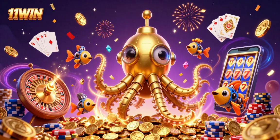 Engage with 11WIN's vibrant casino adventure featuring a golden kraken submarine amidst dynamic gaming elements.