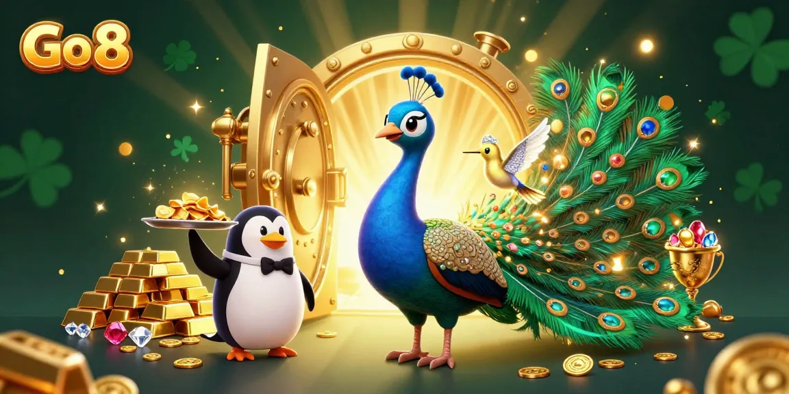 Experience thrilling fun with Go 8's spectacular casino illustration featuring vibrant characters and golden treasures.