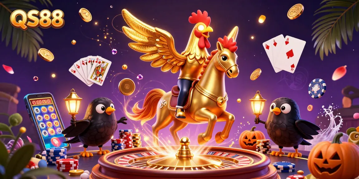 Experience thrilling gaming excitement at QS88 with a golden rooster and magical casino elements.