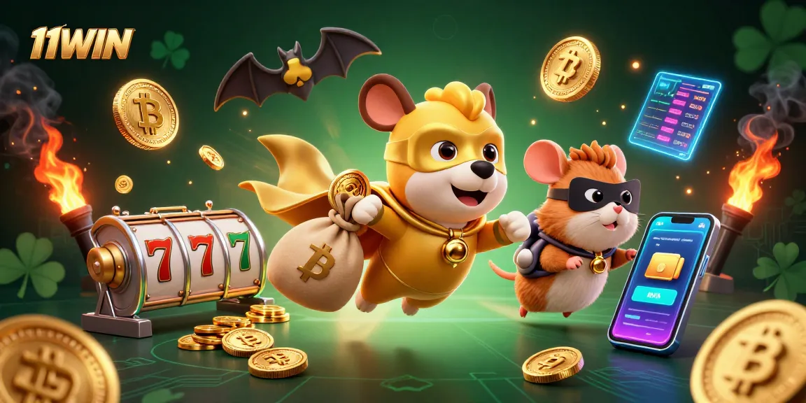 Discover exciting wins with 11WIN in this vibrant casino scene featuring superheroes and jackpots.