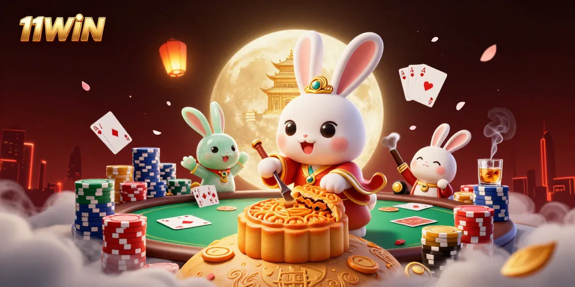 Win big with 11WIN as the moon rabbit reveals poker chips from mooncakes.