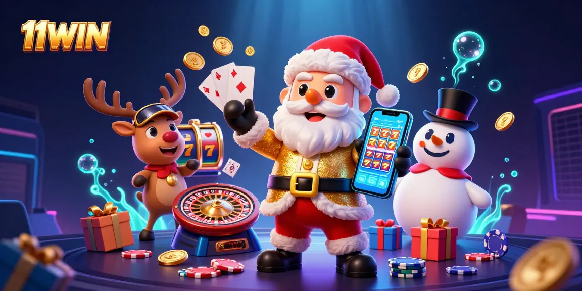 Play the exciting 11WIN slot game with a festive scene featuring Santa, reindeer, and colorful casino elements.