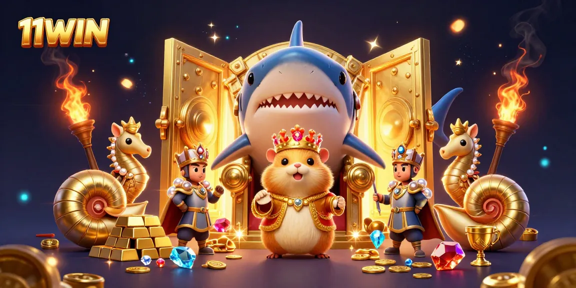 Join the adventure at 11WIN with a golden hamster king and seahorse guards in this vivid casino scene.