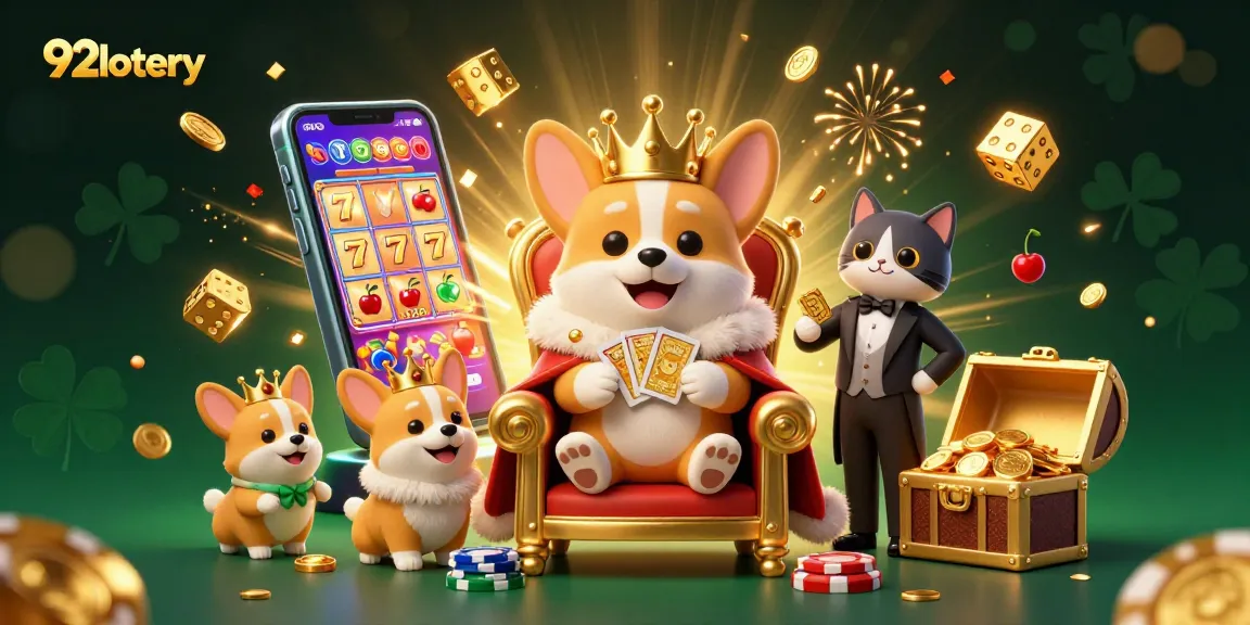 Experience the excitement of 92lottery with a royal corgi on a poker throne surrounded by casino game elements.