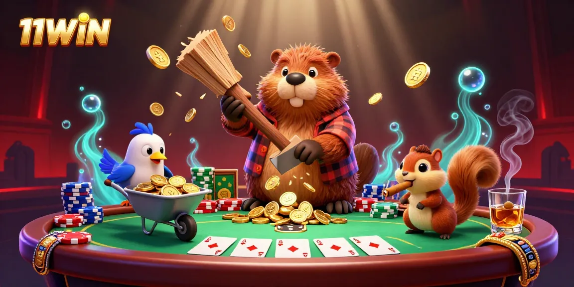 Experience lucky wins at 11WIN with the vibrant 3D casino art of beaver and friends celebrating victory.