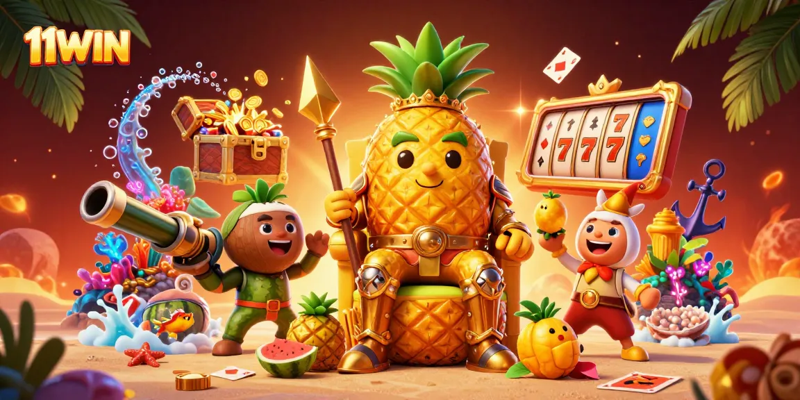 Experience the excitement of 11WIN at a beach casino with a golden pineapple king and lively game elements.