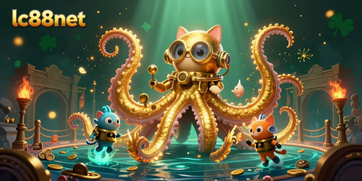 Engage with thrilling gameplay at lc88net, featuring a vibrant 3D cartoon kraken amidst gold and gambling elements.