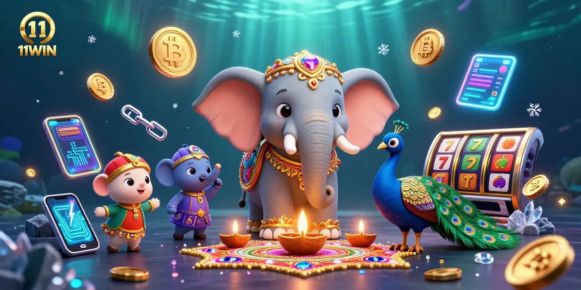 Experience 11WIN slots with a vibrant Diwali-themed casino illustration showcasing rich elements.