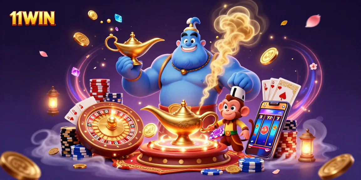 Experience thrilling games at 11WIN with an enchanting genie, sparkling gems, and vibrant casino elements.