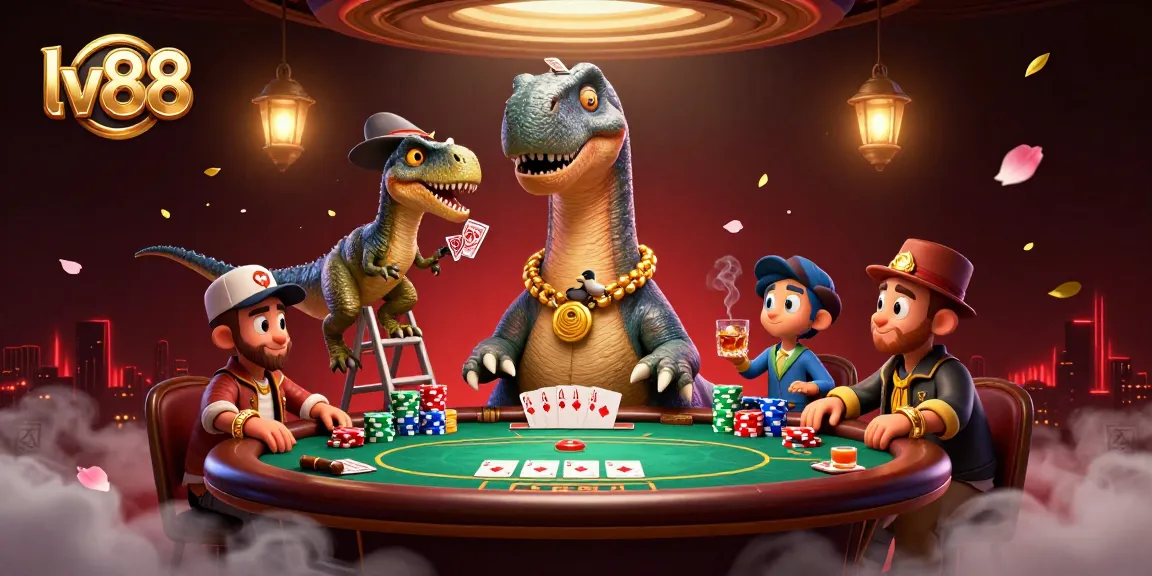 Deal cards at lv88's dynamic poker scene with 3D dinosaur characters.