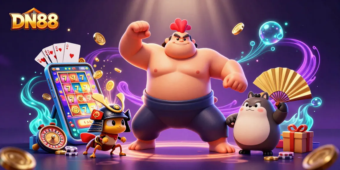Engage with DN88's vibrant casino scene featuring a powerful sumo rooster and dynamic game elements.