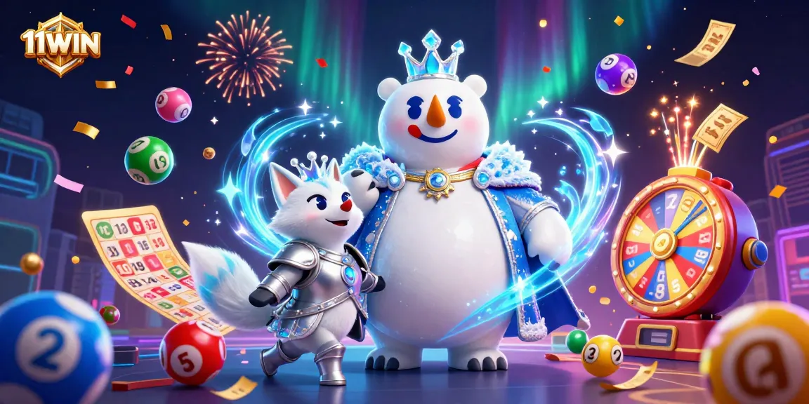Experience the excitement of 11WIN with dynamic lottery elements and festive casino visuals.